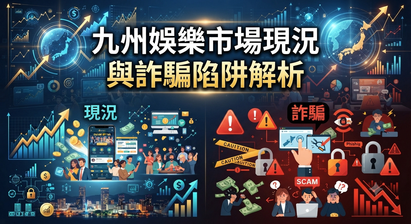 這是一張關於「九州娛樂市場現況與詐騙陷阱解析」的分析圖,畫面分為左右兩部分。左側展示市場現況,有上升的圖表、錢幣、人群和手機應用程式;右側則展示詐騙陷阱,包含警示標誌、鎖頭、「SCAM」字樣以及受害者的沮喪神情。